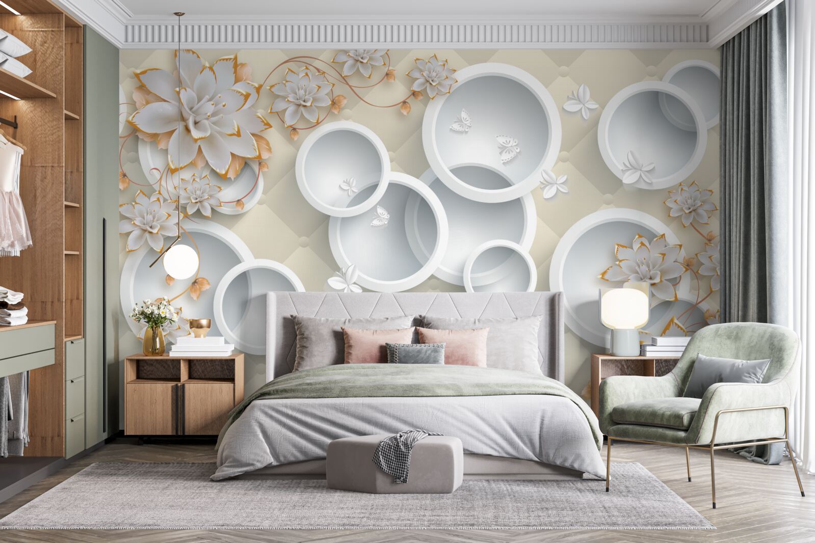 Fototapet fundal deschis cu cercuri albe