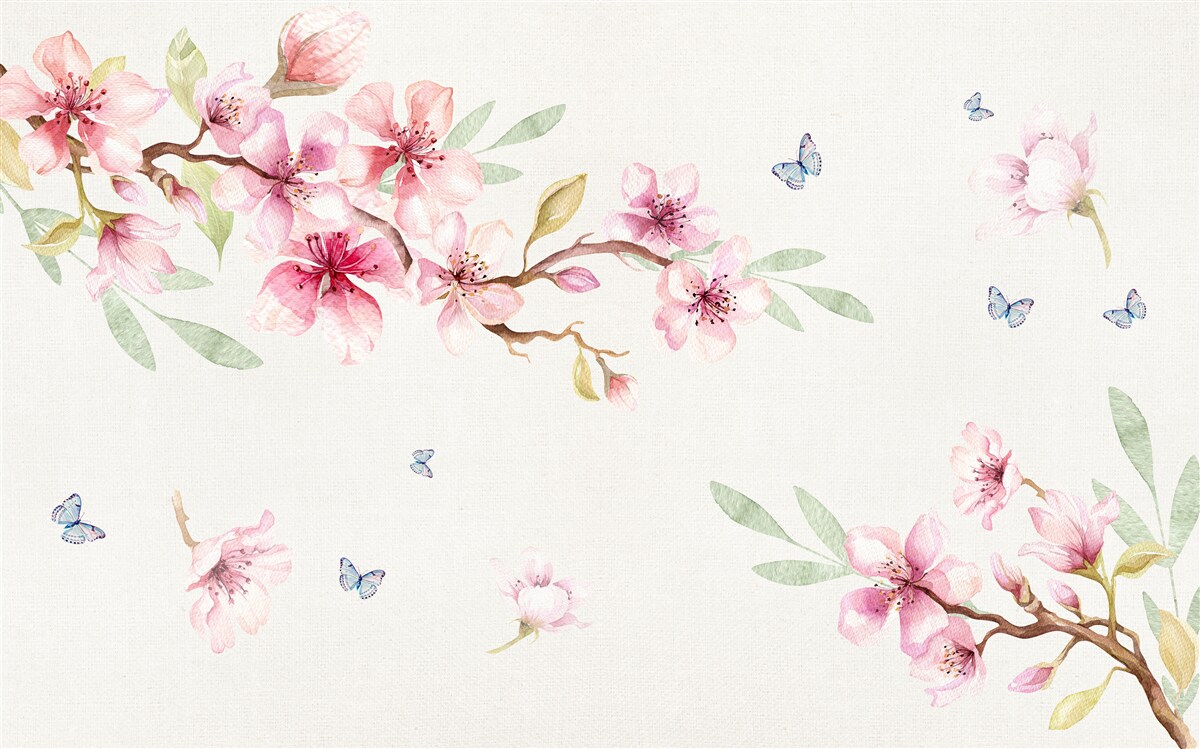 Fototapet fluturii zboară în jurul ramurilor cu flori