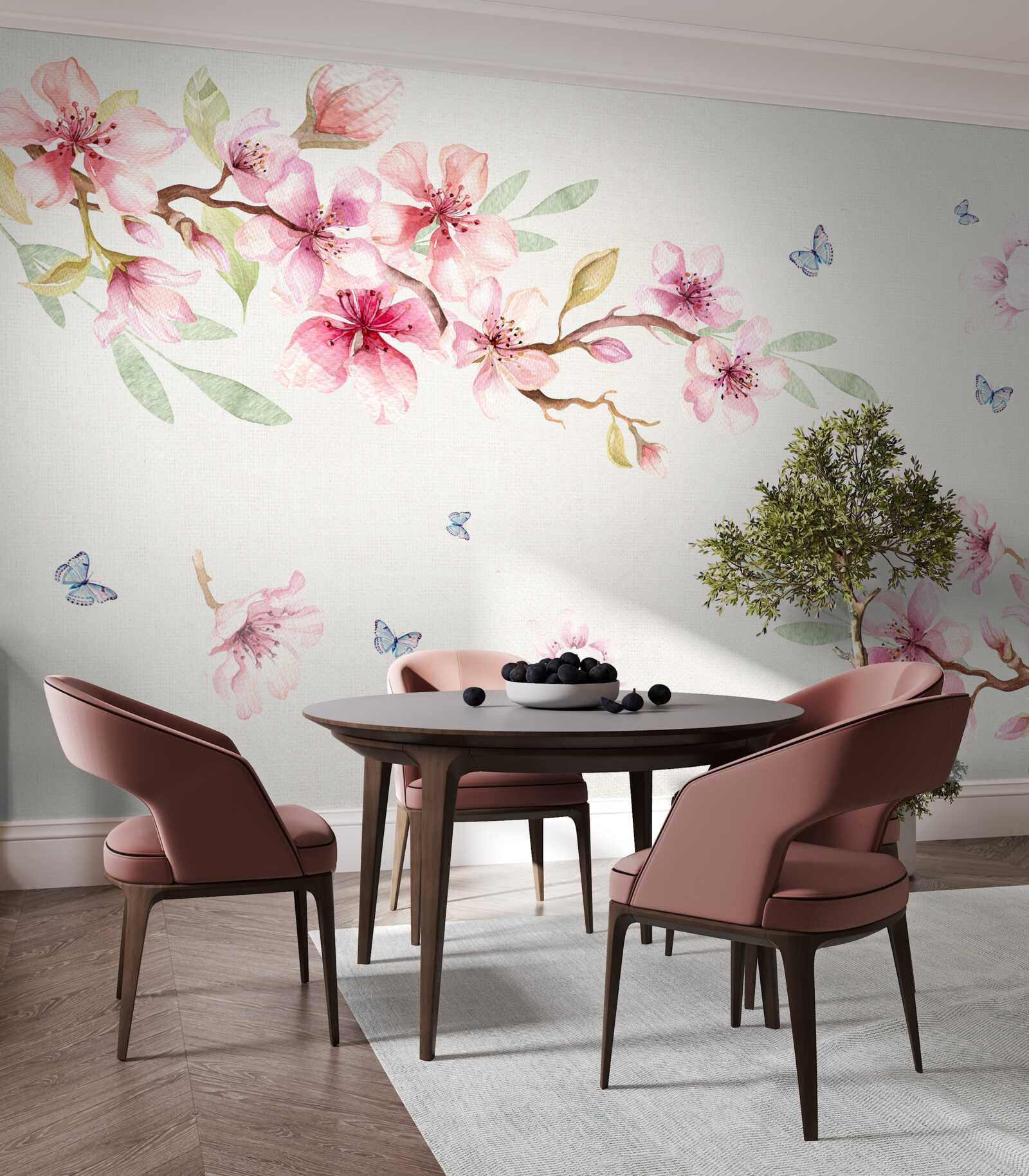 Fototapet fluturii zboară în jurul ramurilor cu flori