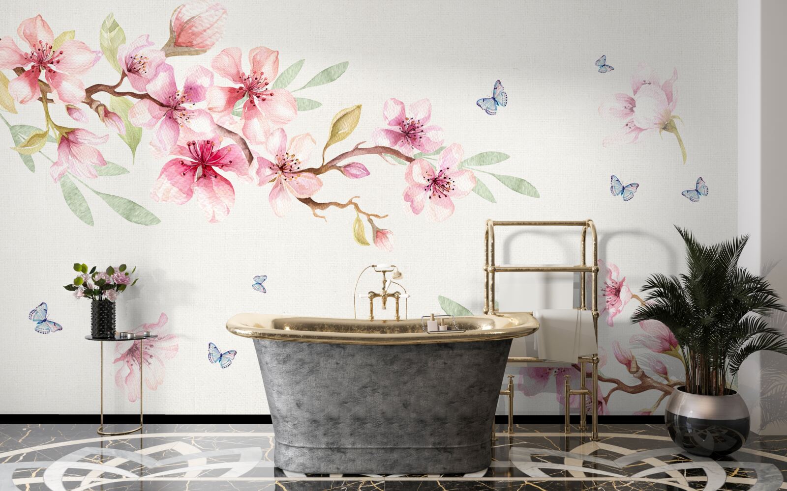 Fototapet fluturii zboară în jurul ramurilor cu flori