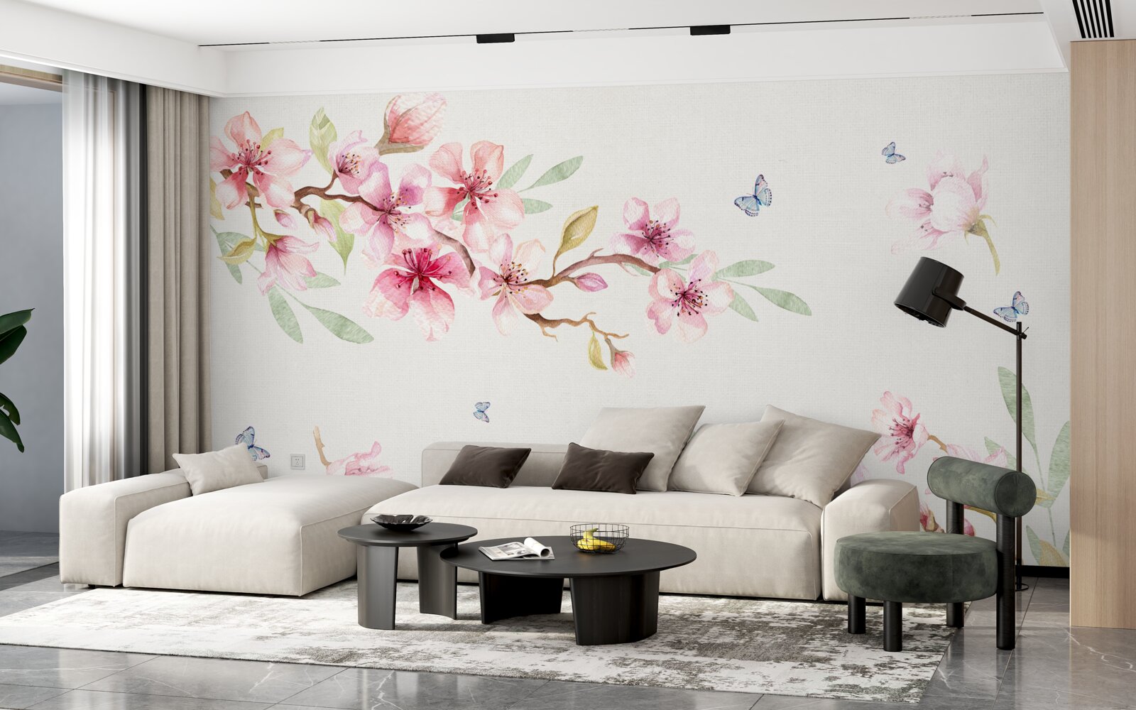 Fototapet fluturii zboară în jurul ramurilor cu flori