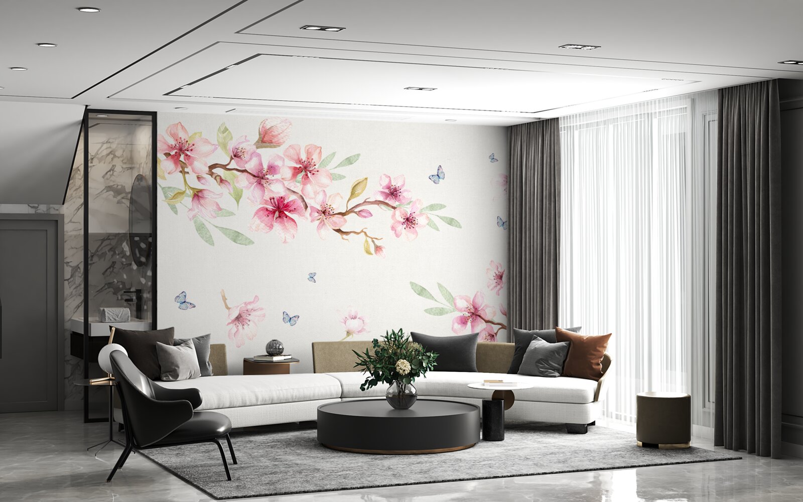 Fototapet fluturii zboară în jurul ramurilor cu flori