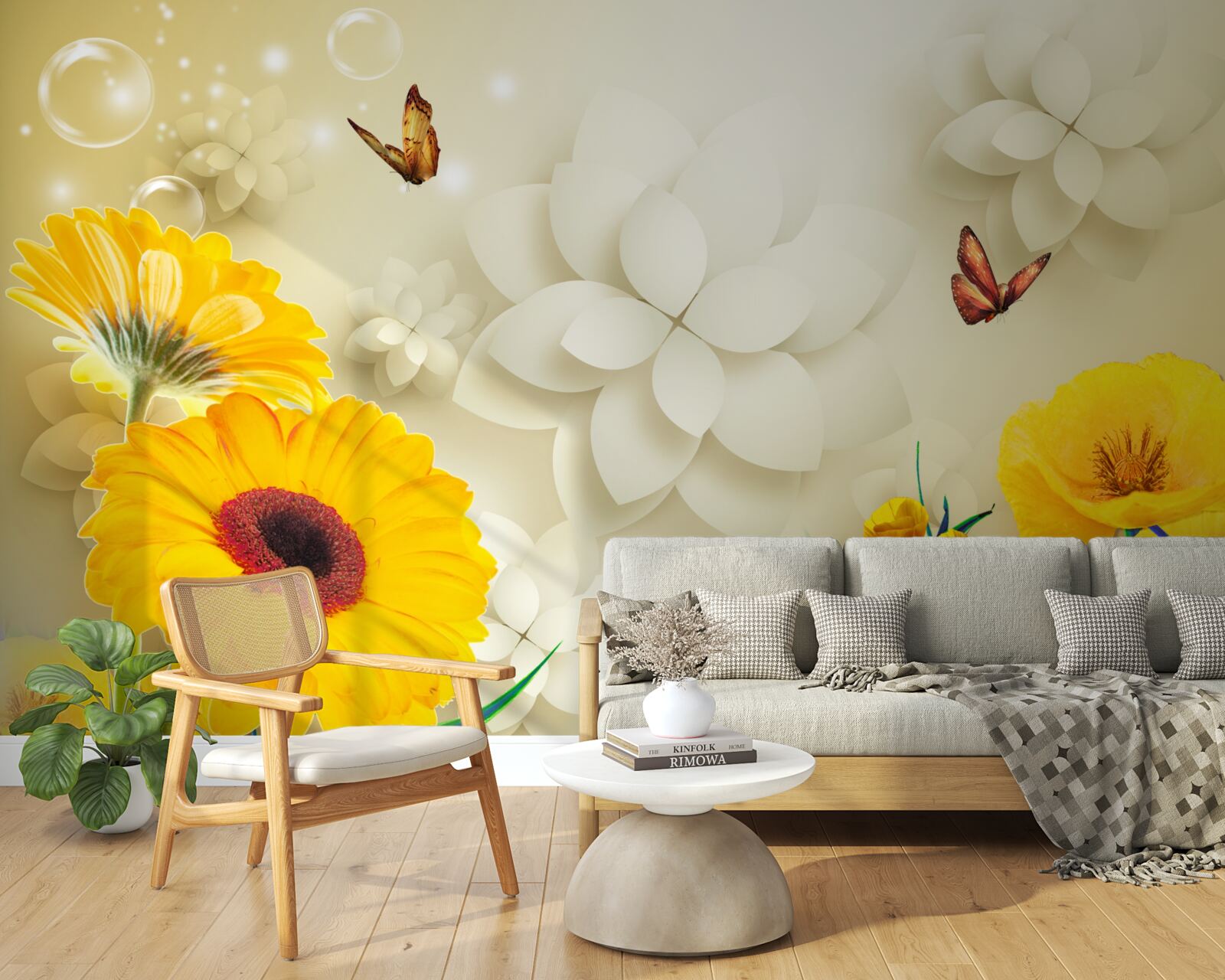 Fototapet fluturi zboară peste flori portocalii