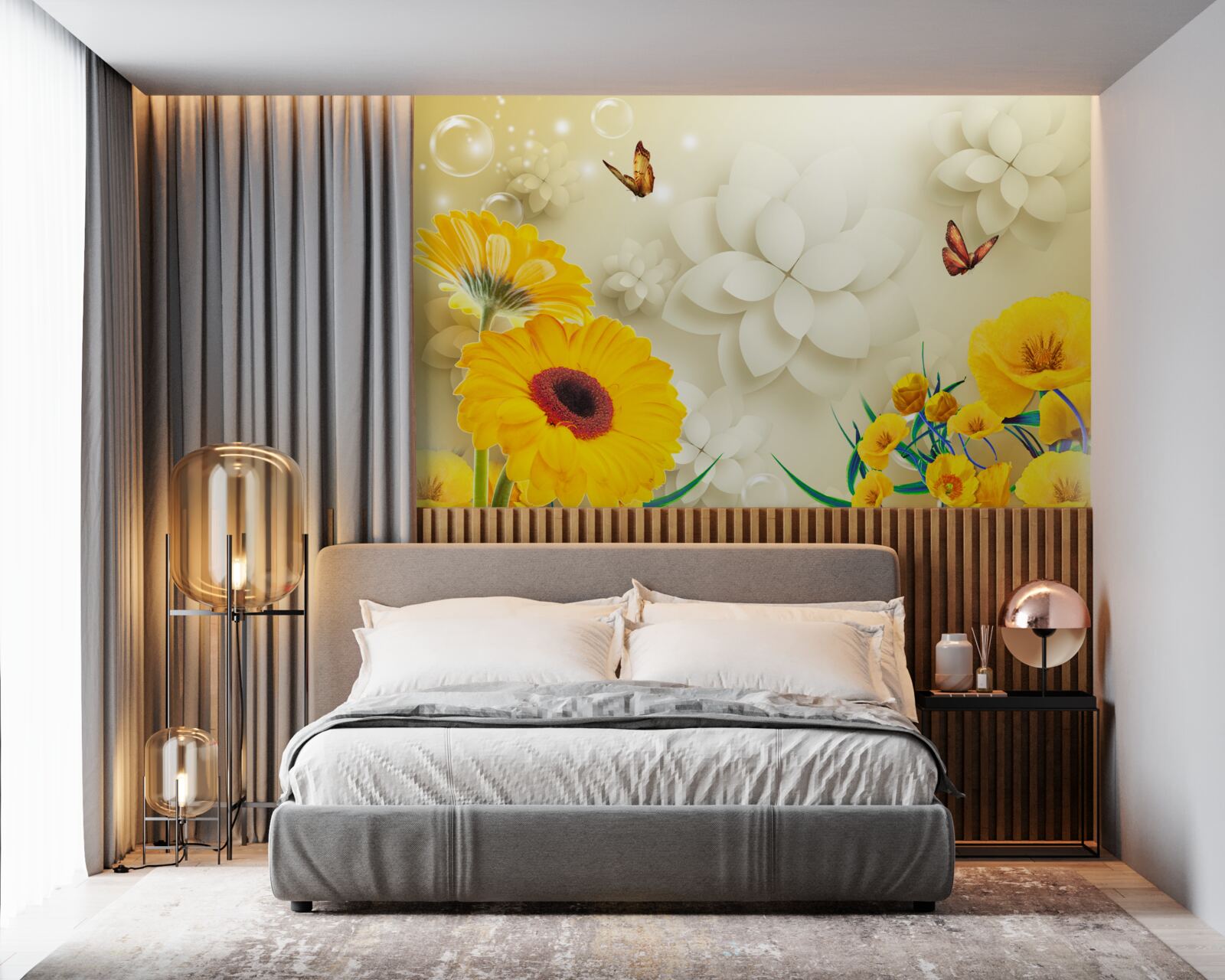 Fototapet fluturi zboară peste flori portocalii