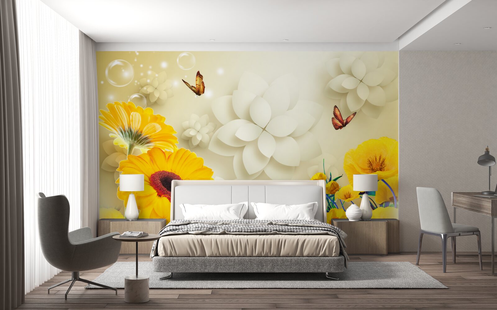 Fototapet fluturi zboară peste flori portocalii