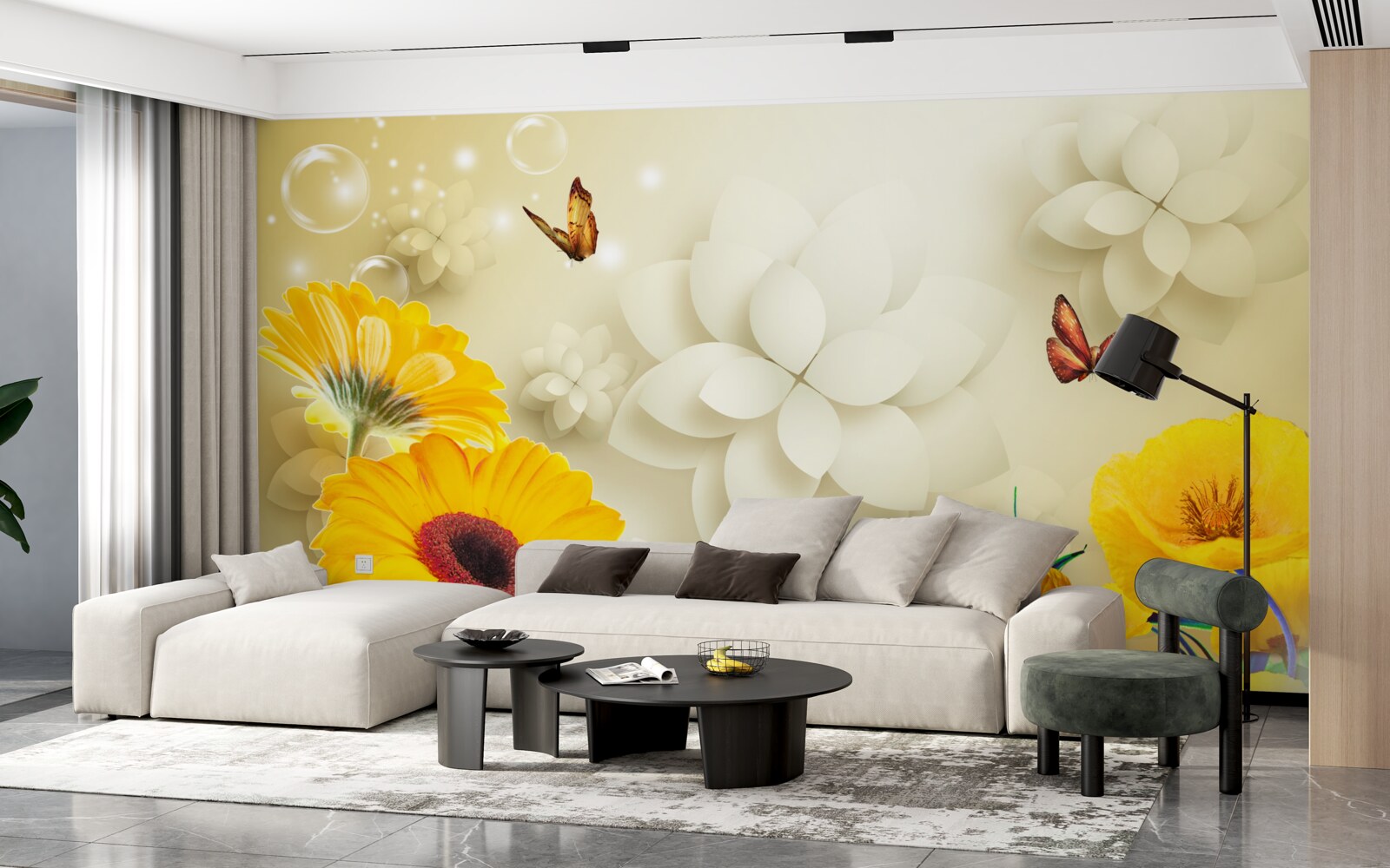 Fototapet fluturi zboară peste flori portocalii