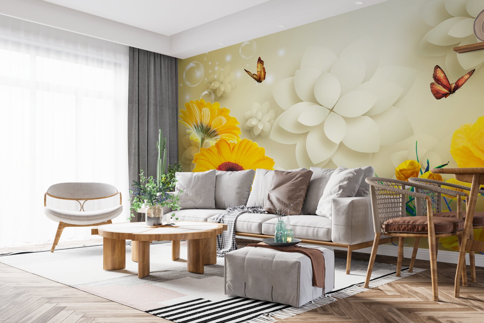 Fototapet fluturi zboară peste flori portocalii