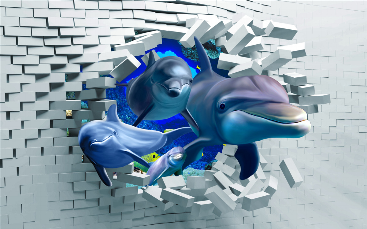 Fototapet delfinii trec de bariera de cărămidă
