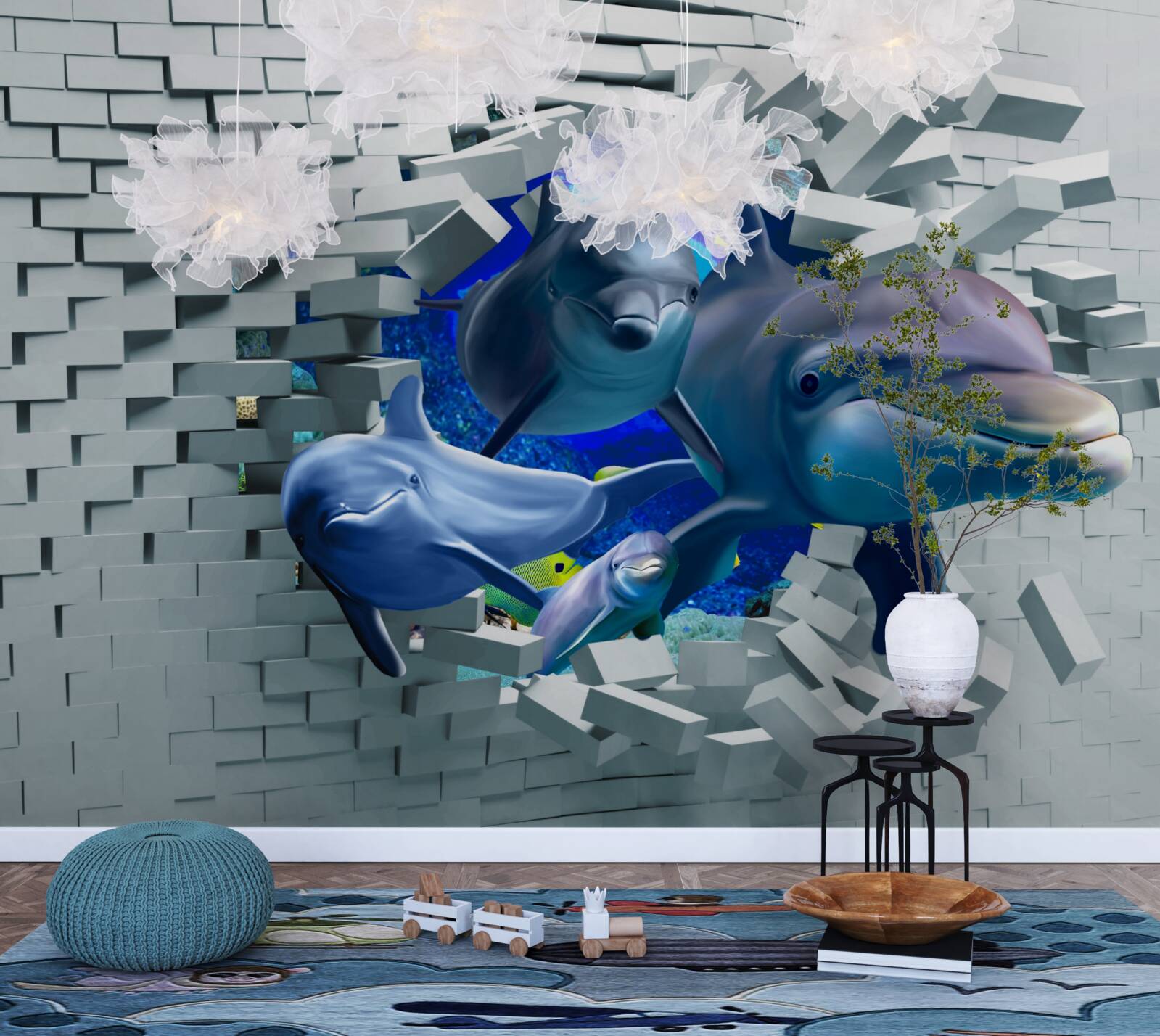 Fototapet delfinii trec de bariera de cărămidă