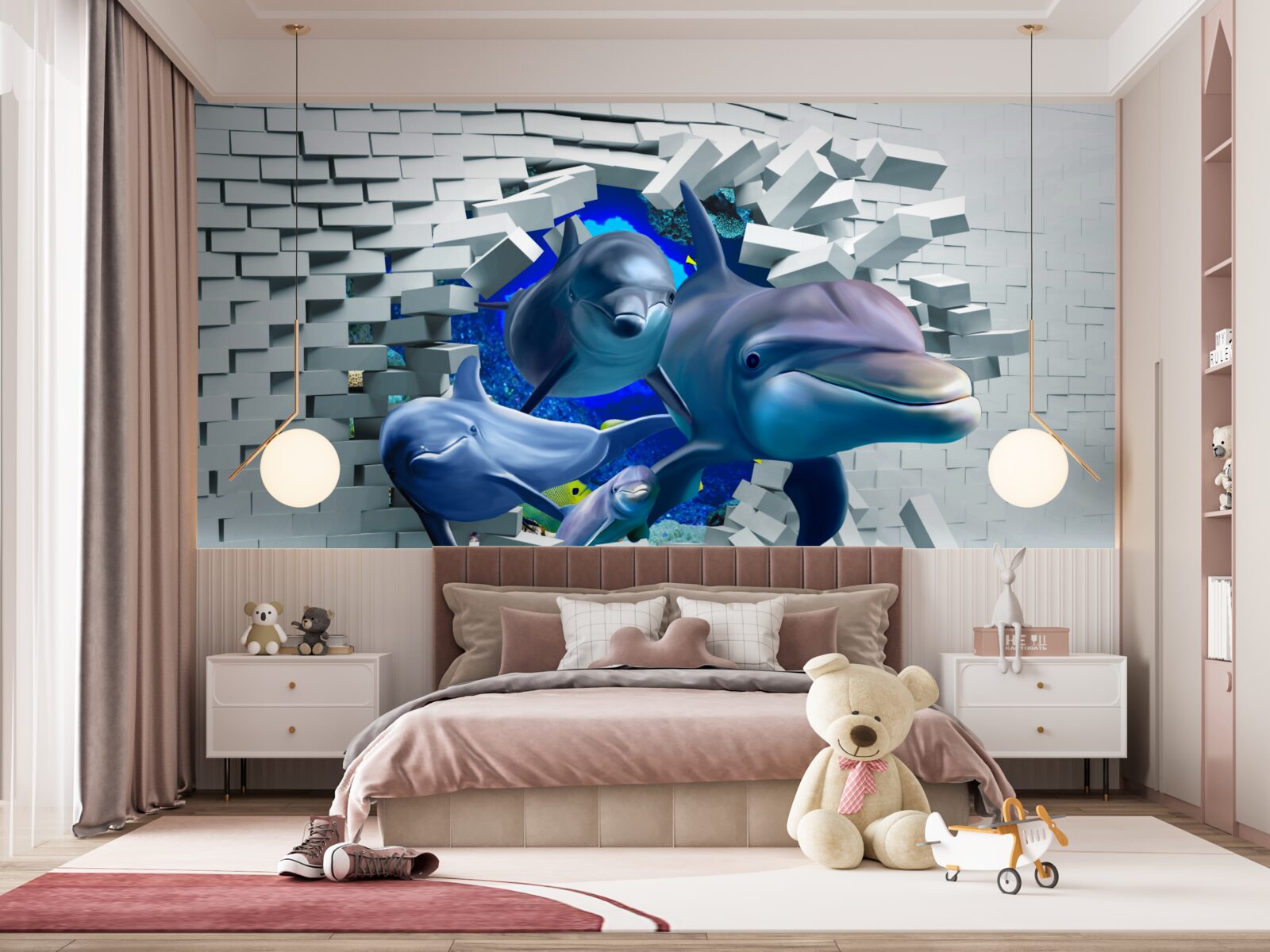Fototapet delfinii trec de bariera de cărămidă