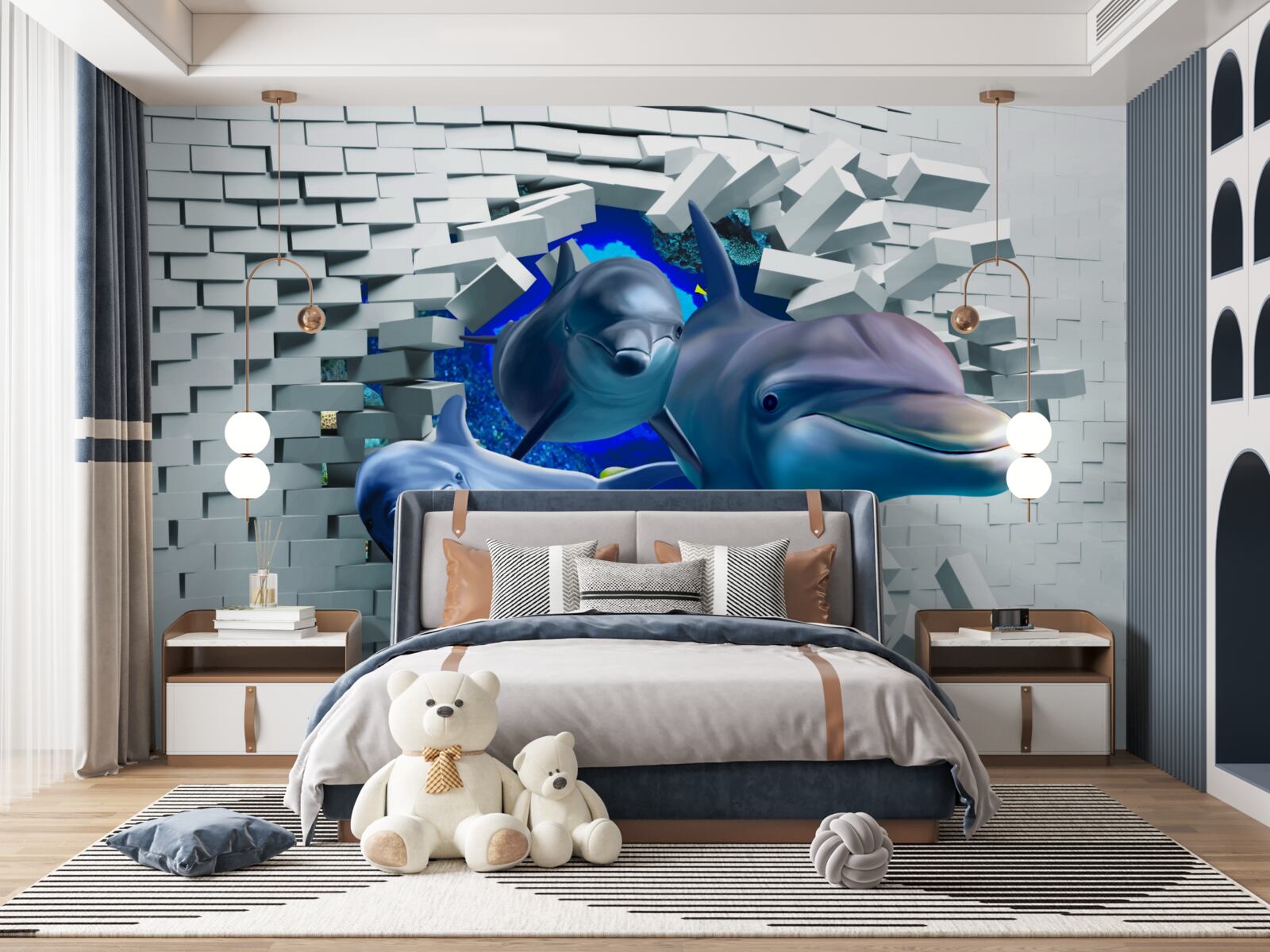 Fototapet delfinii trec de bariera de cărămidă