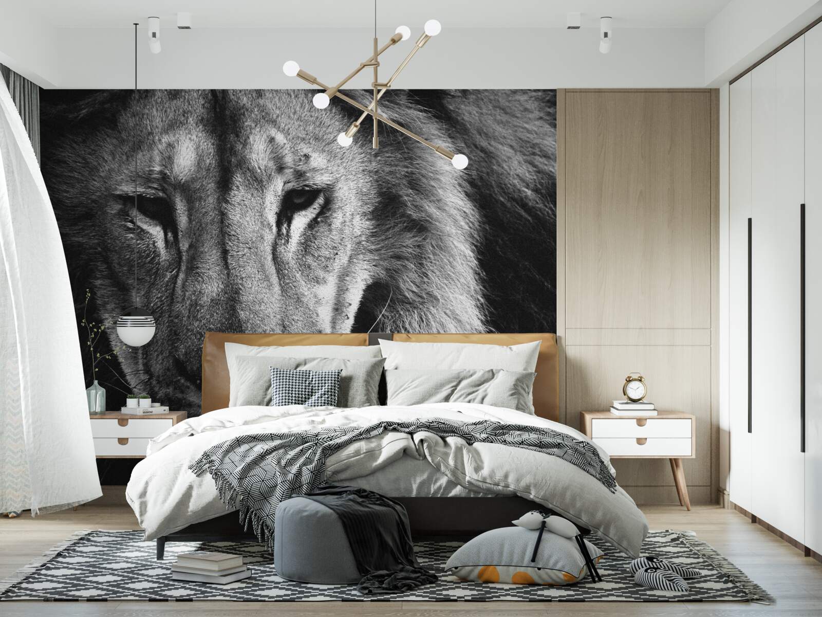 Fototapet portret al unui leu adult în alb și negru