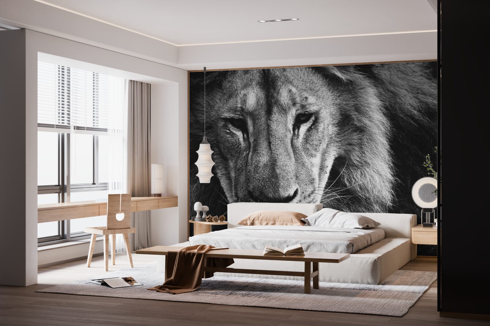 Fototapet portret al unui leu adult în alb și negru