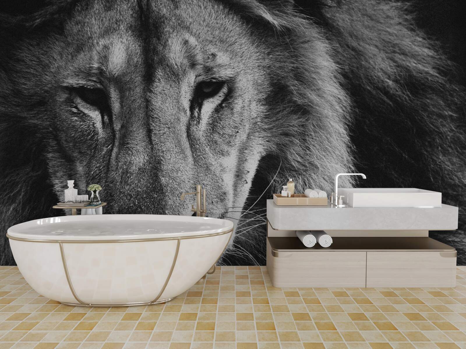 Fototapet portret al unui leu adult în alb și negru