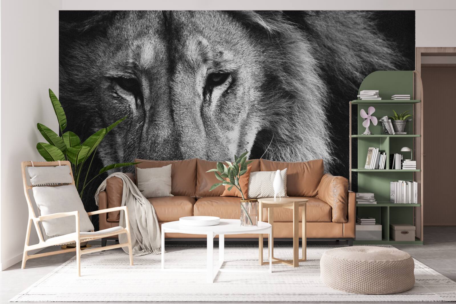 Fototapet portret al unui leu adult în alb și negru