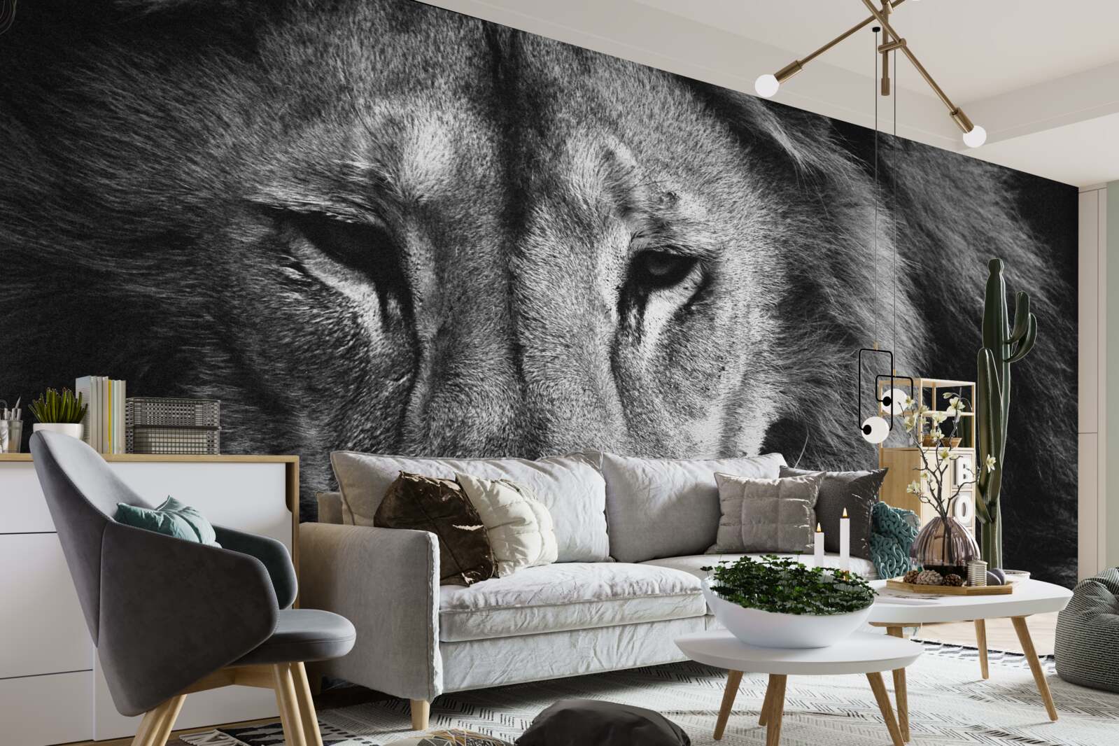 Fototapet portret al unui leu adult în alb și negru