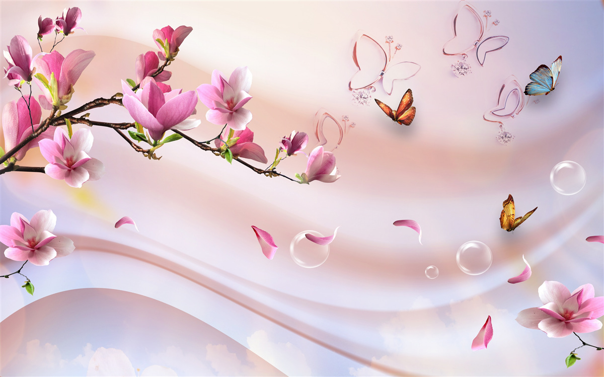 Fototapet ramură cu flori roz și fluturi zburători