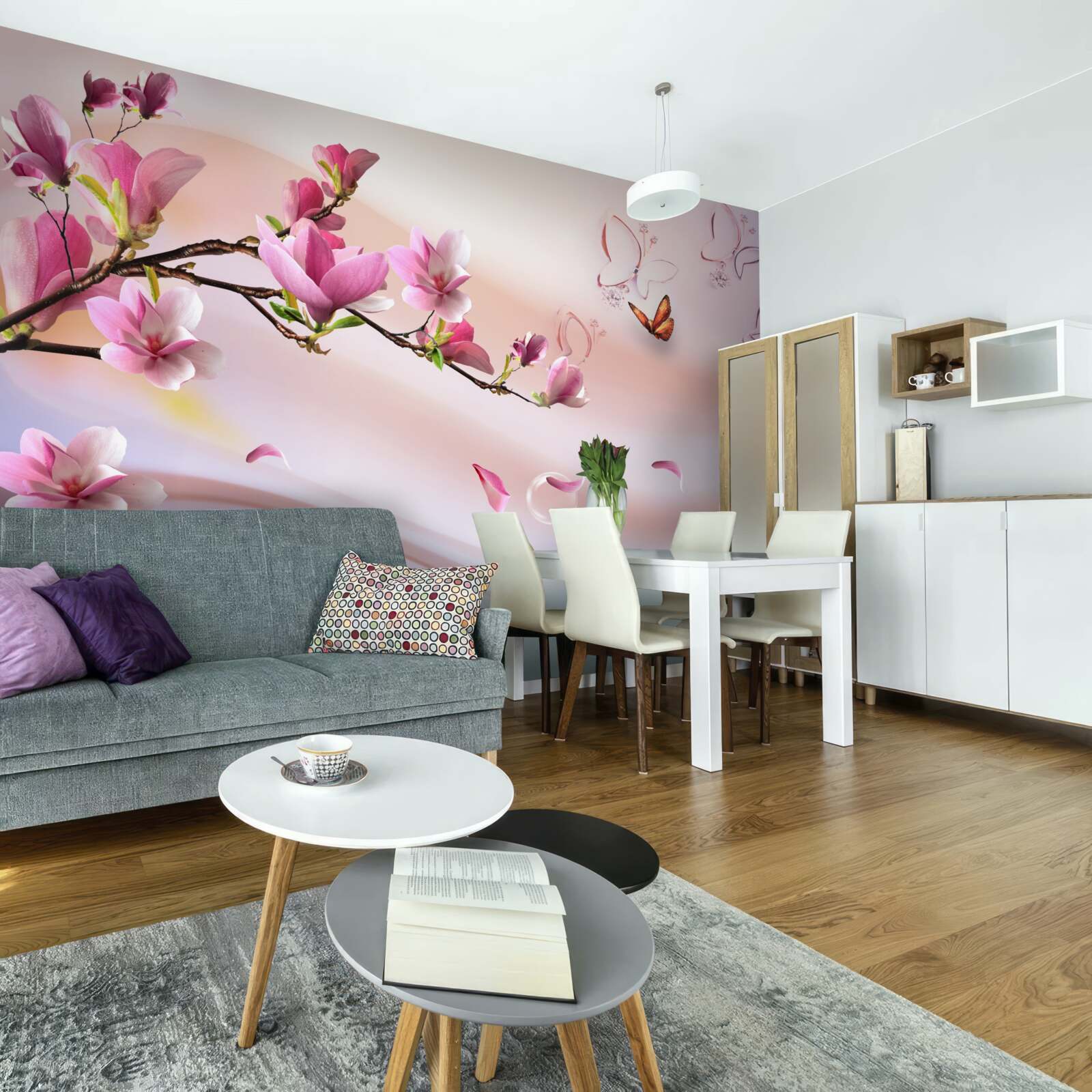 Fototapet ramură cu flori roz și fluturi zburători