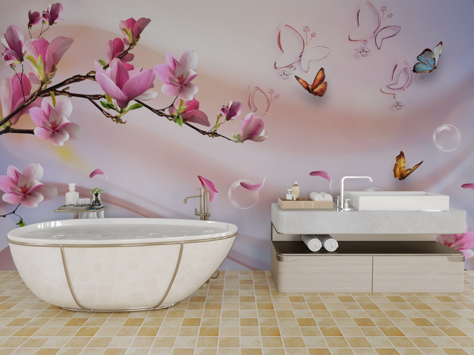 Fototapet ramură cu flori roz și fluturi zburători