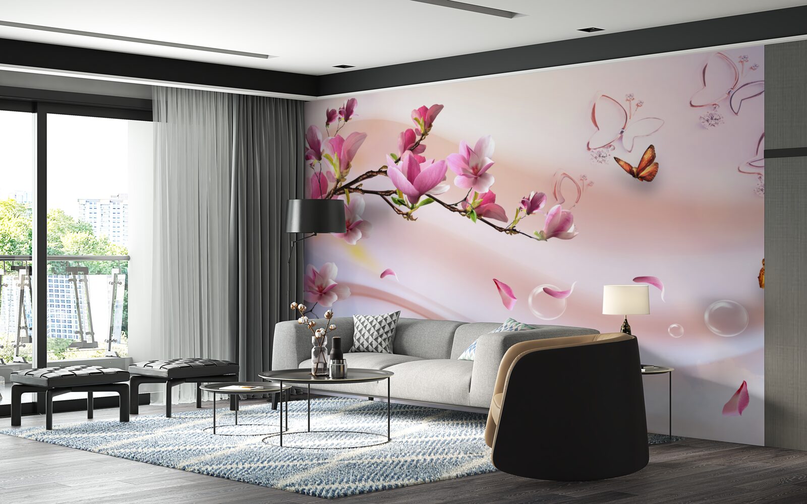 Fototapet ramură cu flori roz și fluturi zburători