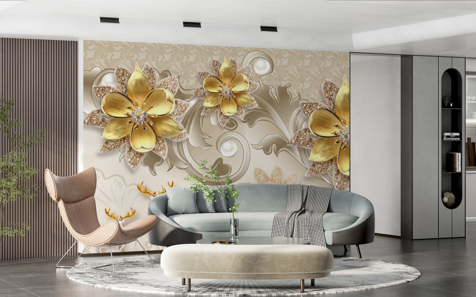 Fototapet cerb mic alb ca zăpada și flori galbene ca piatra