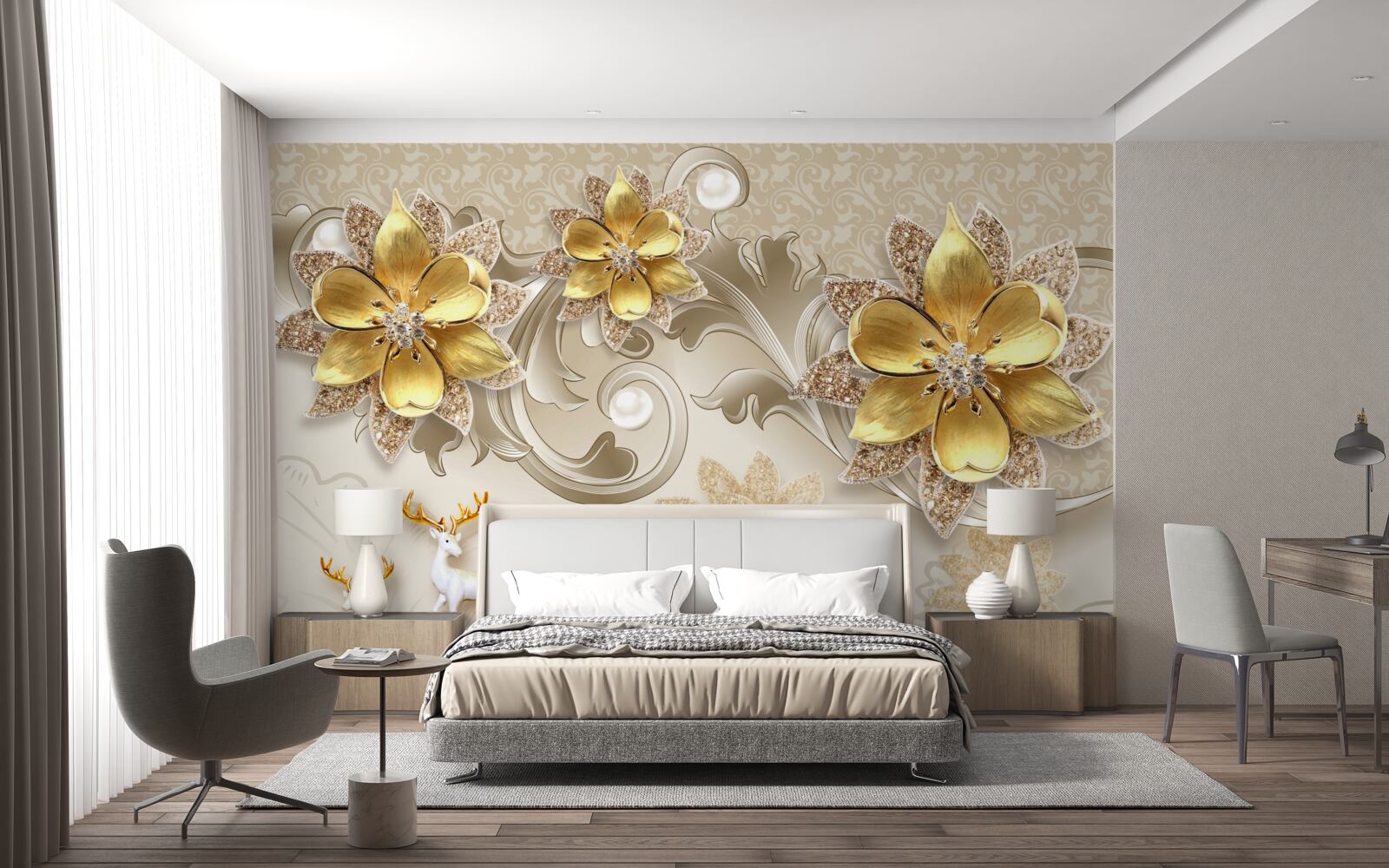 Fototapet cerb mic alb ca zăpada și flori galbene ca piatra