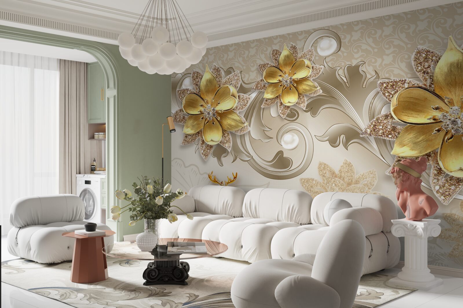 Fototapet cerb mic alb ca zăpada și flori galbene ca piatra