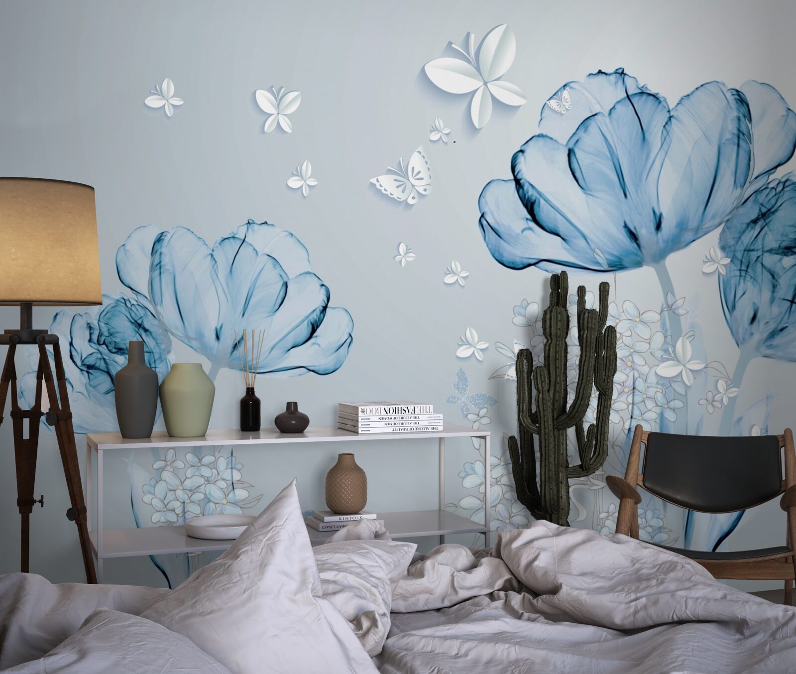 Fototapet flori albastre și fluturi strălucitori