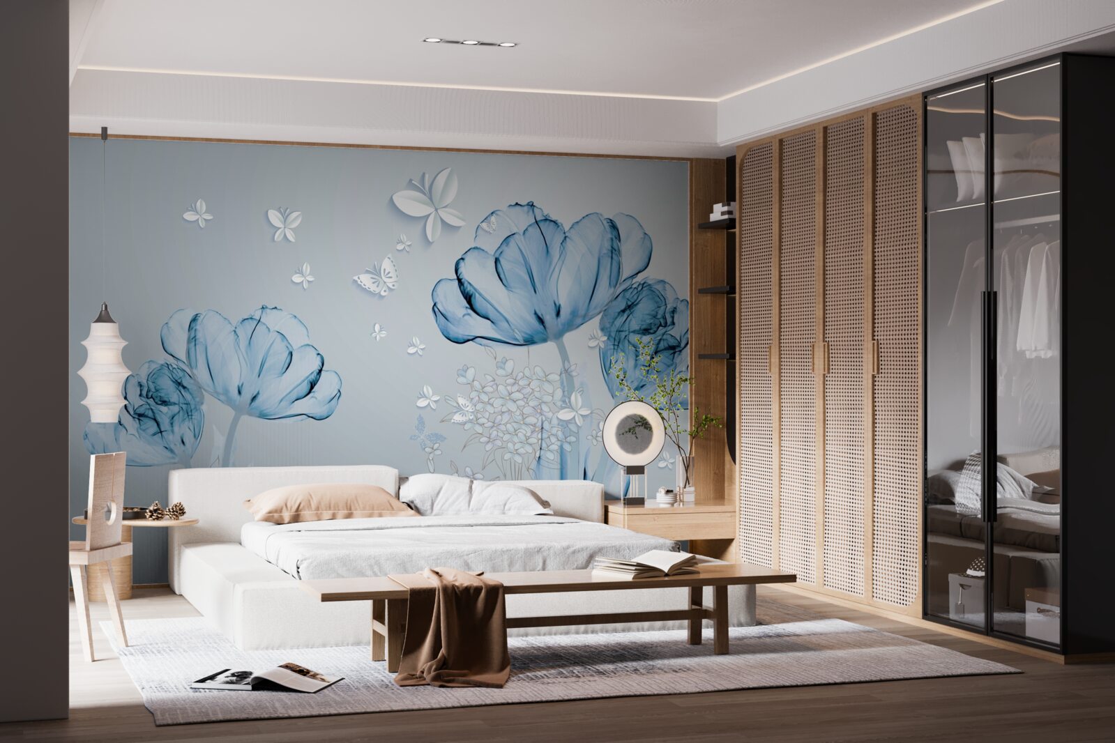 Fototapet flori albastre și fluturi strălucitori