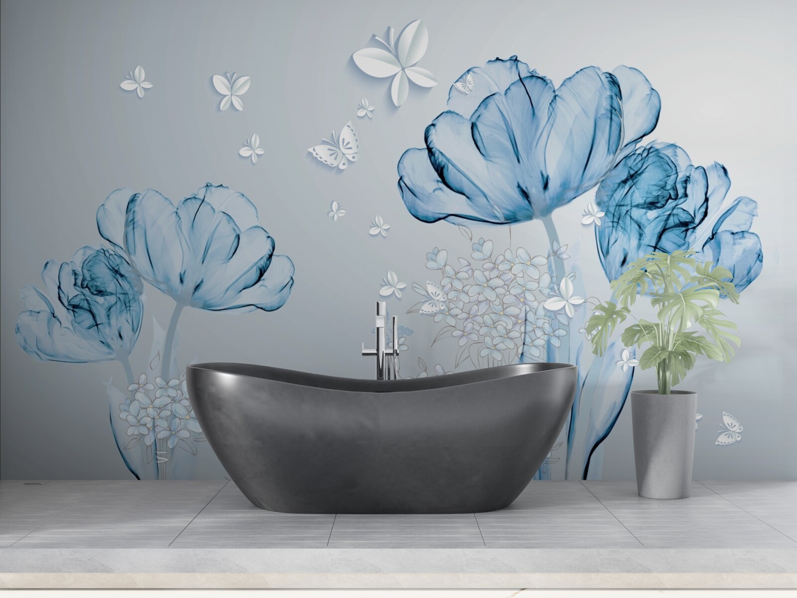 Fototapet flori albastre și fluturi strălucitori