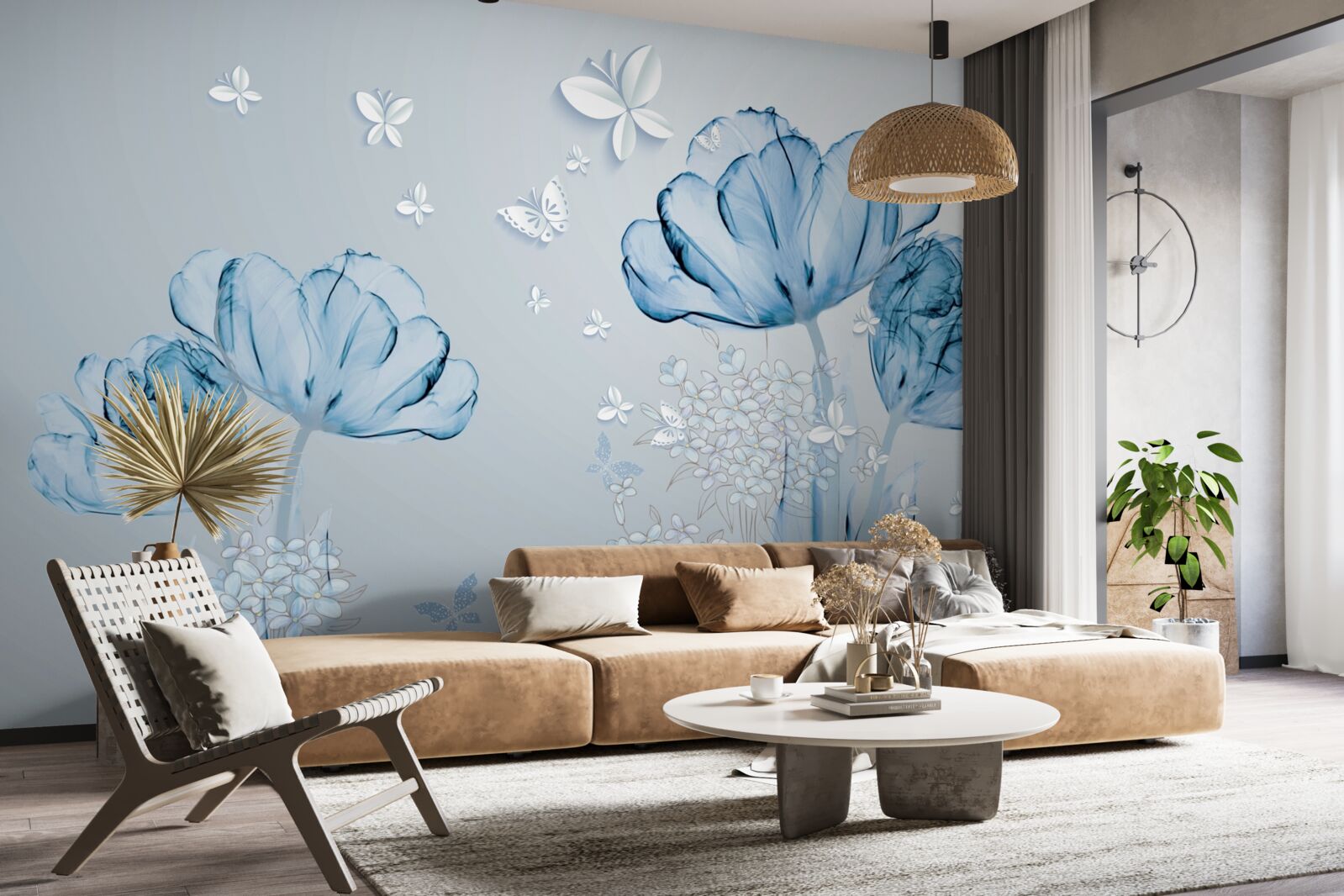 Fototapet flori albastre și fluturi strălucitori