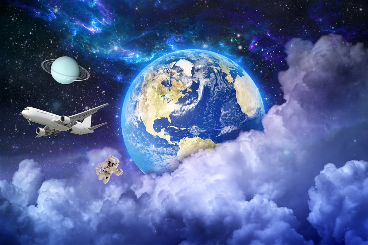 Fototapet avion și astronaut în spațiu