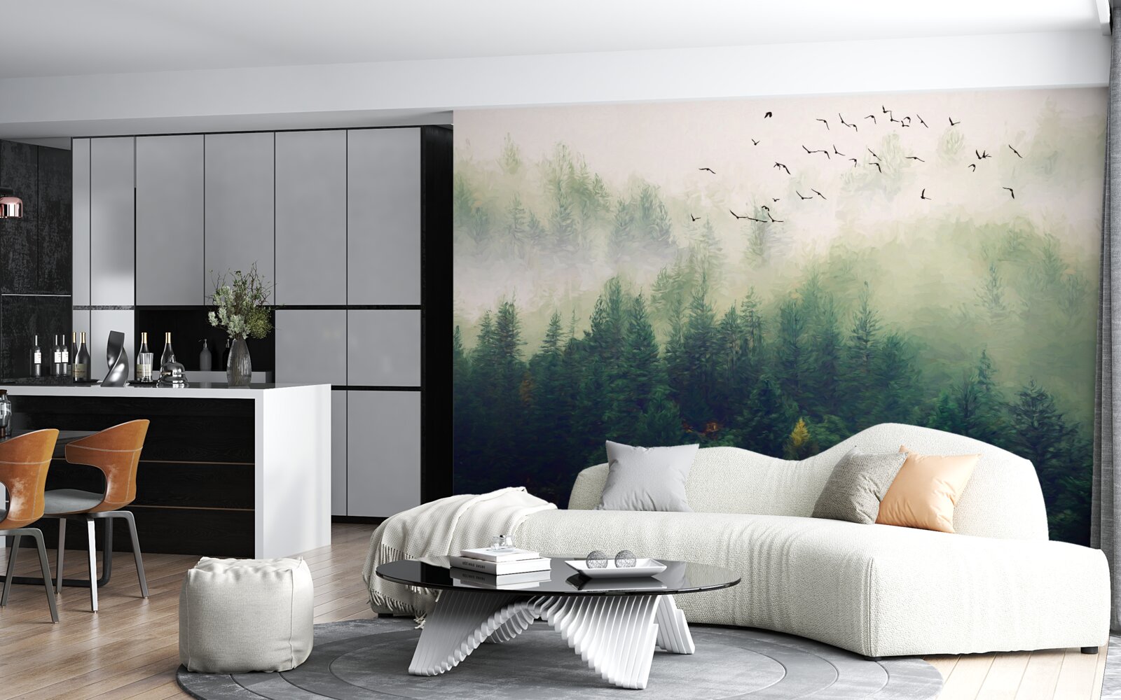 Fototapet păsările zboară deasupra pădurii în aerul cețos