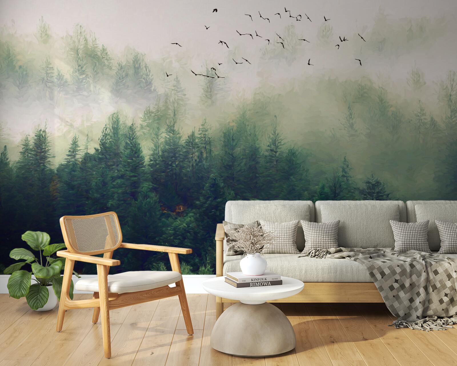 Fototapet păsările zboară deasupra pădurii în aerul cețos