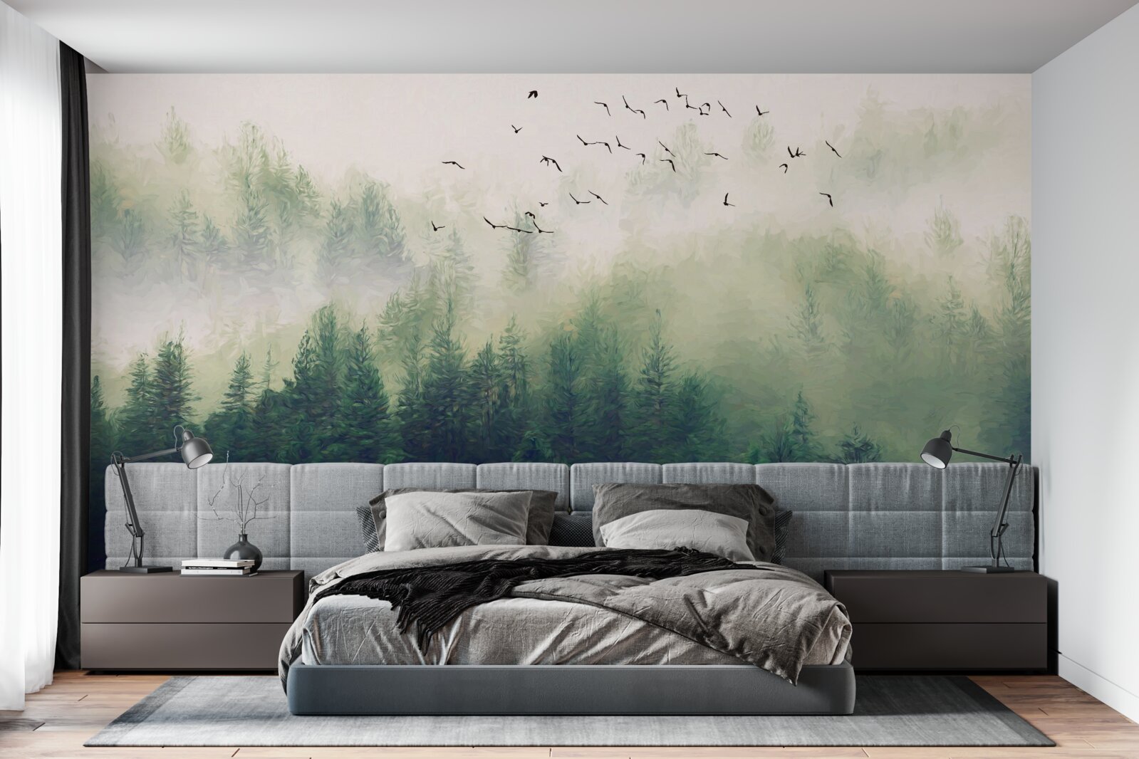 Fototapet păsările zboară deasupra pădurii în aerul cețos