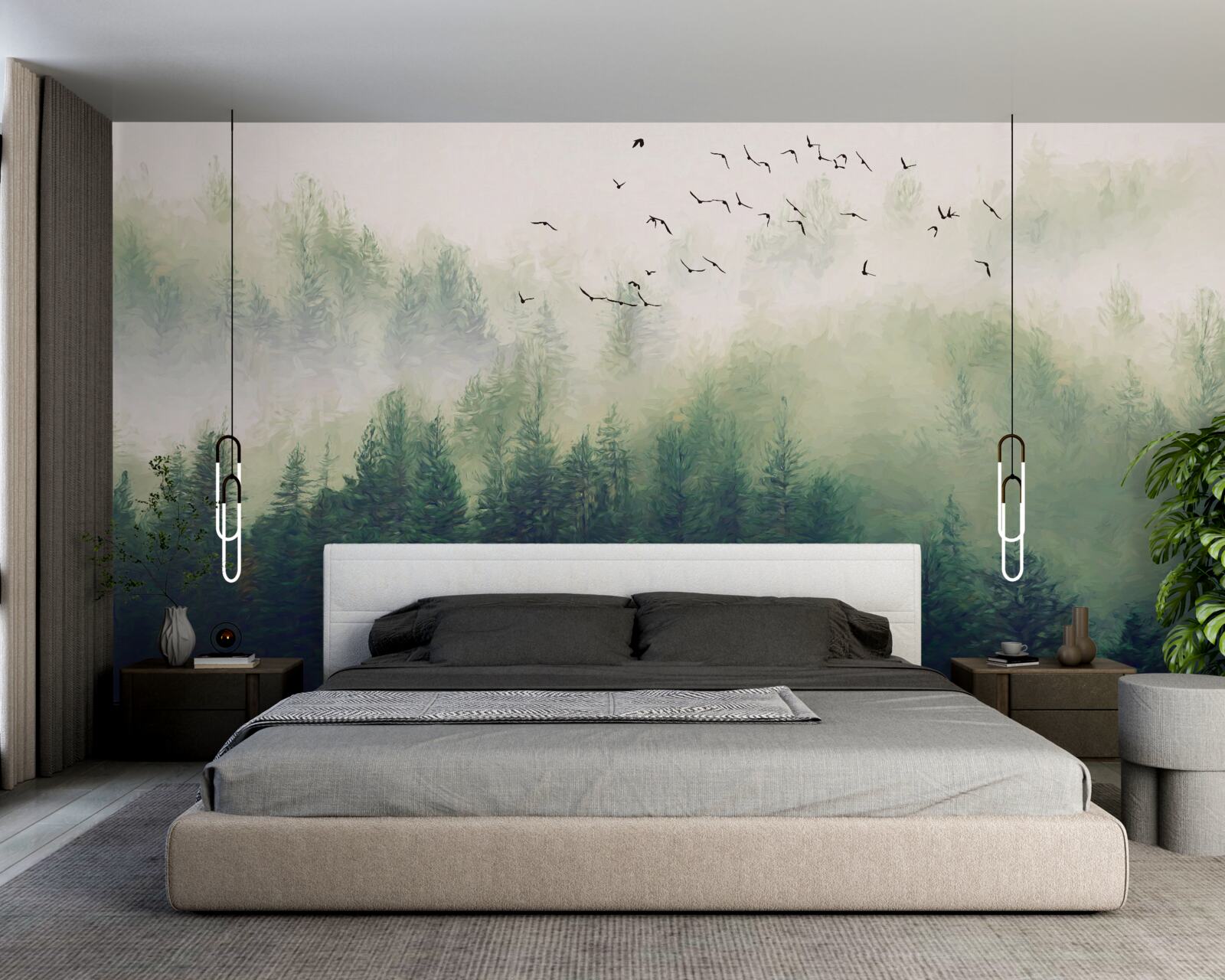 Fototapet păsările zboară deasupra pădurii în aerul cețos