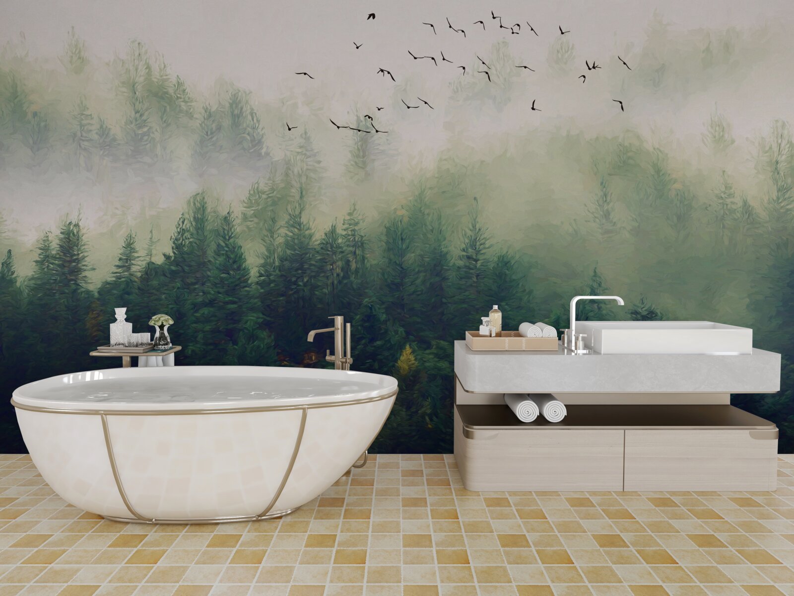 Fototapet păsările zboară deasupra pădurii în aerul cețos