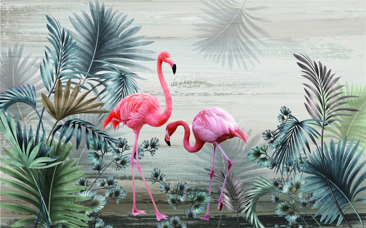 Fototapet flamingo în tonuri roz printre frunze verzi