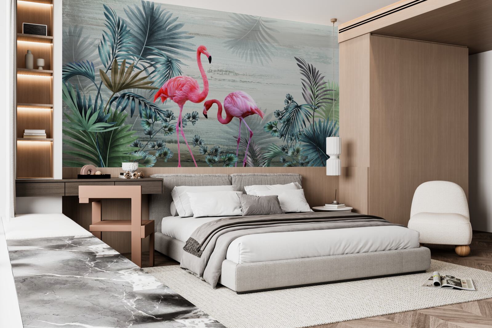 Fototapet flamingo în tonuri roz printre frunze verzi