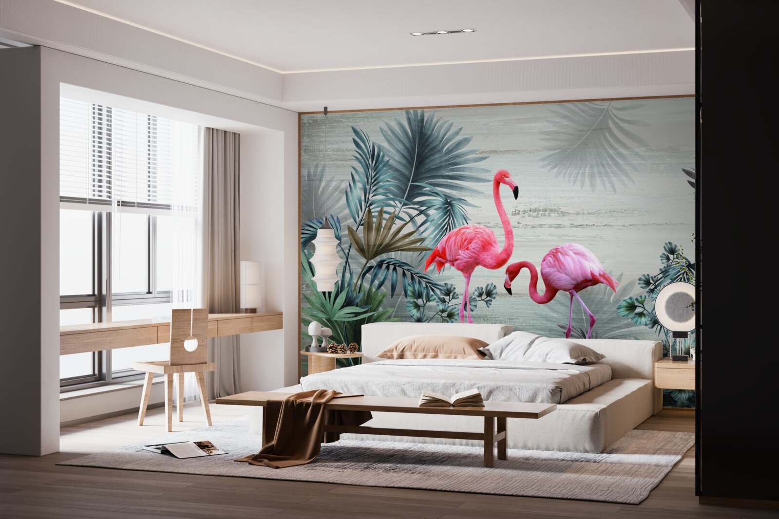 Fototapet flamingo în tonuri roz printre frunze verzi