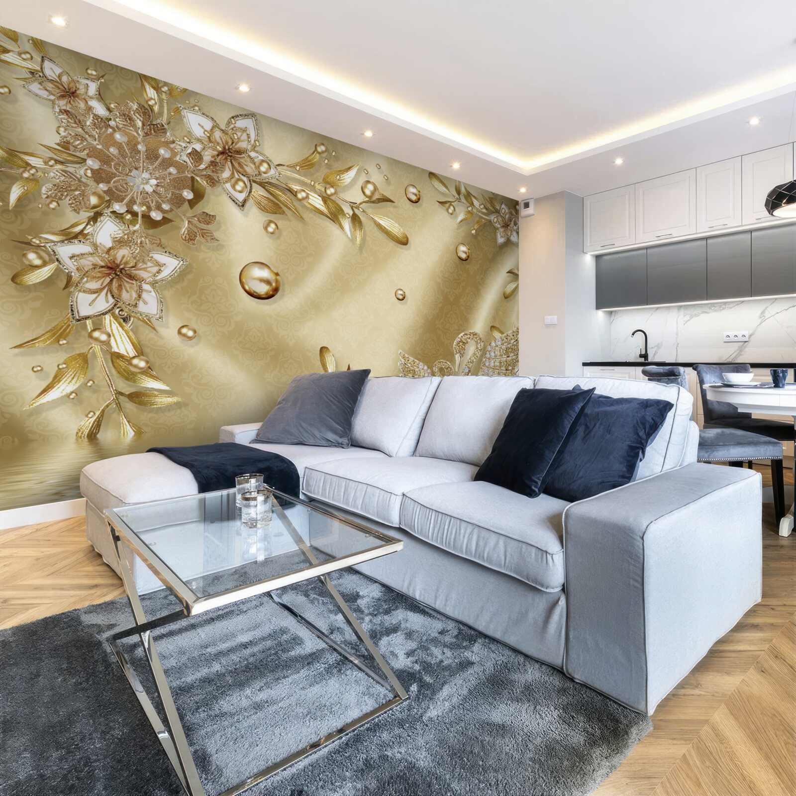 Fototapet pietre aranjate în formă de flori și lebede