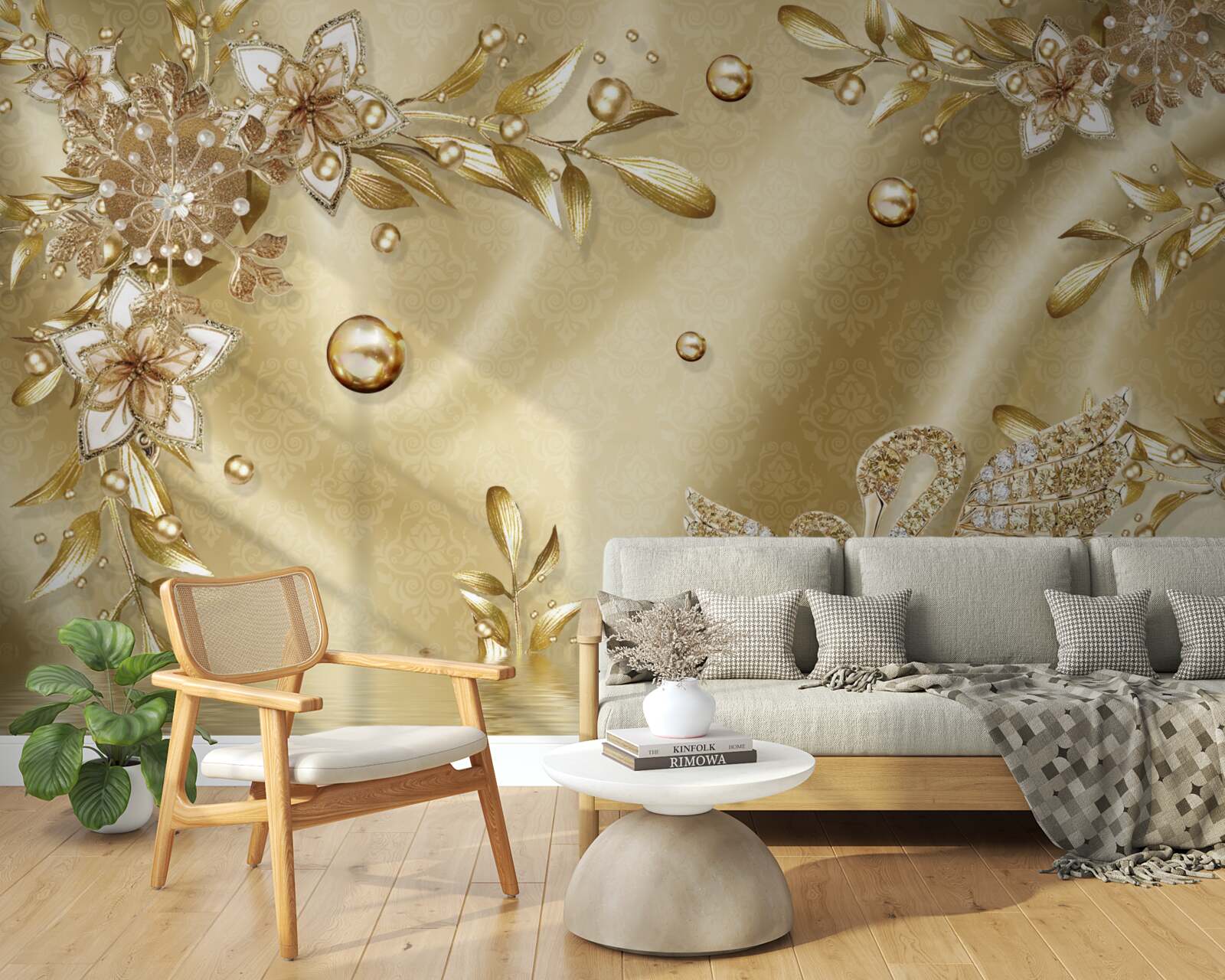 Fototapet pietre aranjate în formă de flori și lebede