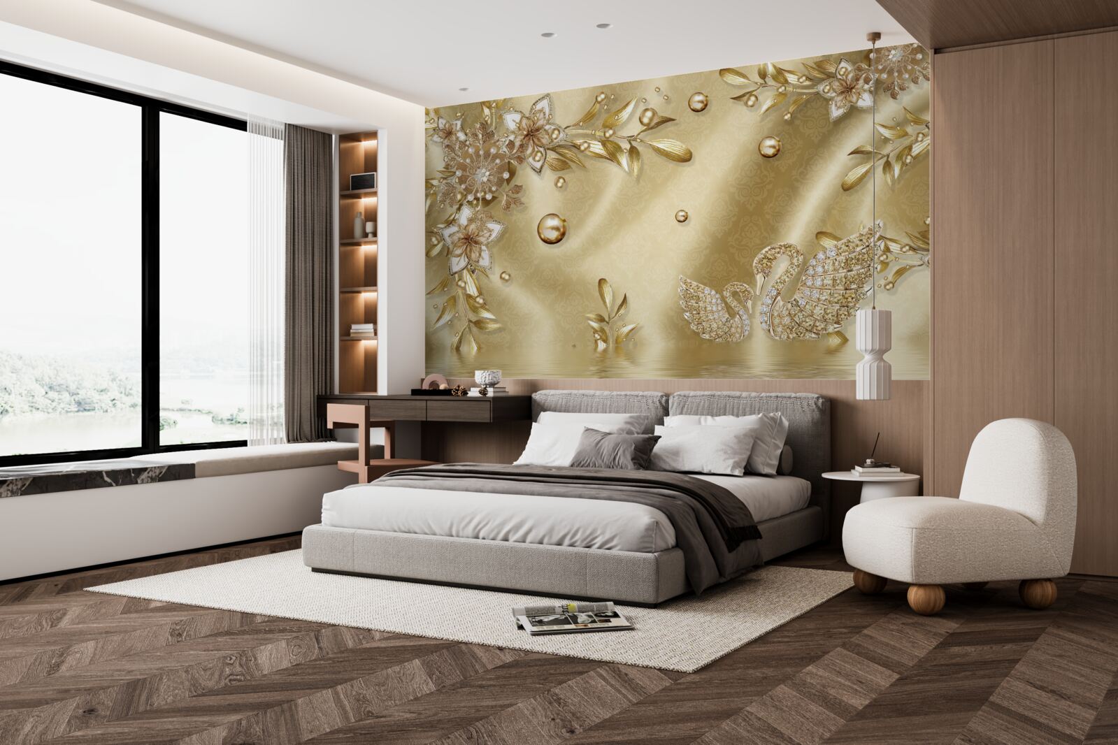 Fototapet pietre aranjate în formă de flori și lebede