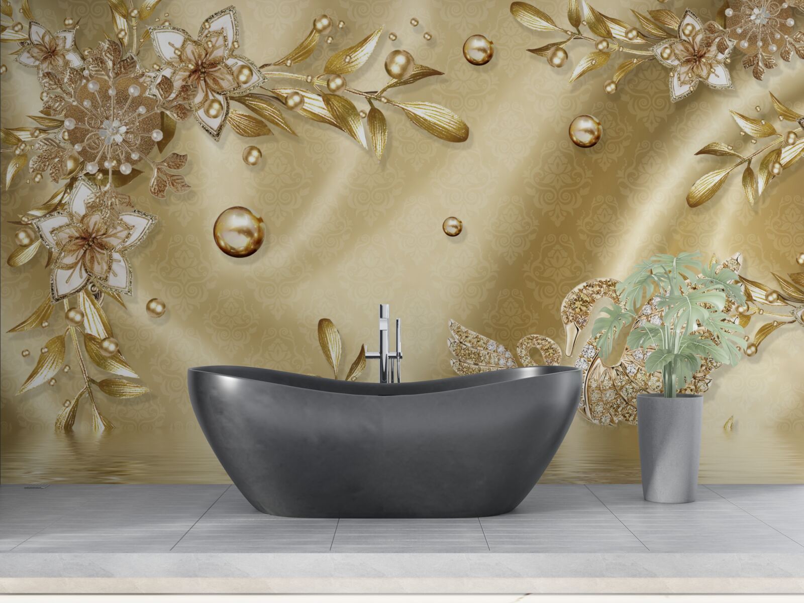 Fototapet pietre aranjate în formă de flori și lebede