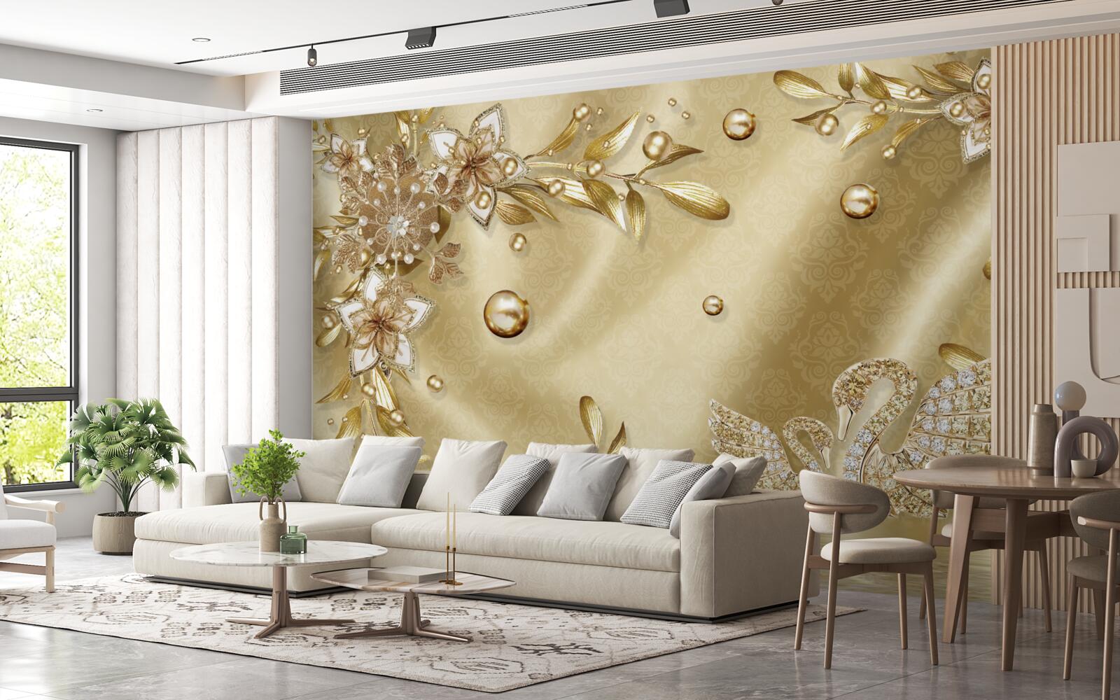 Fototapet pietre aranjate în formă de flori și lebede