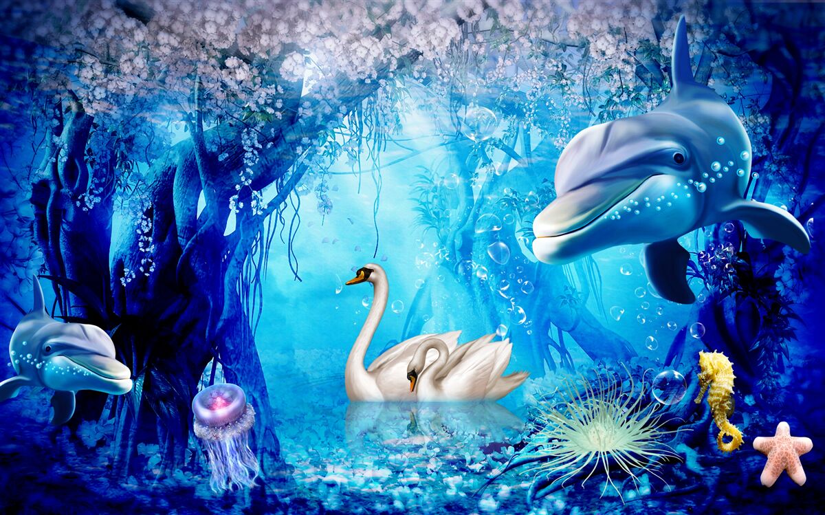 Fototapet Lebede și delfini sub apă