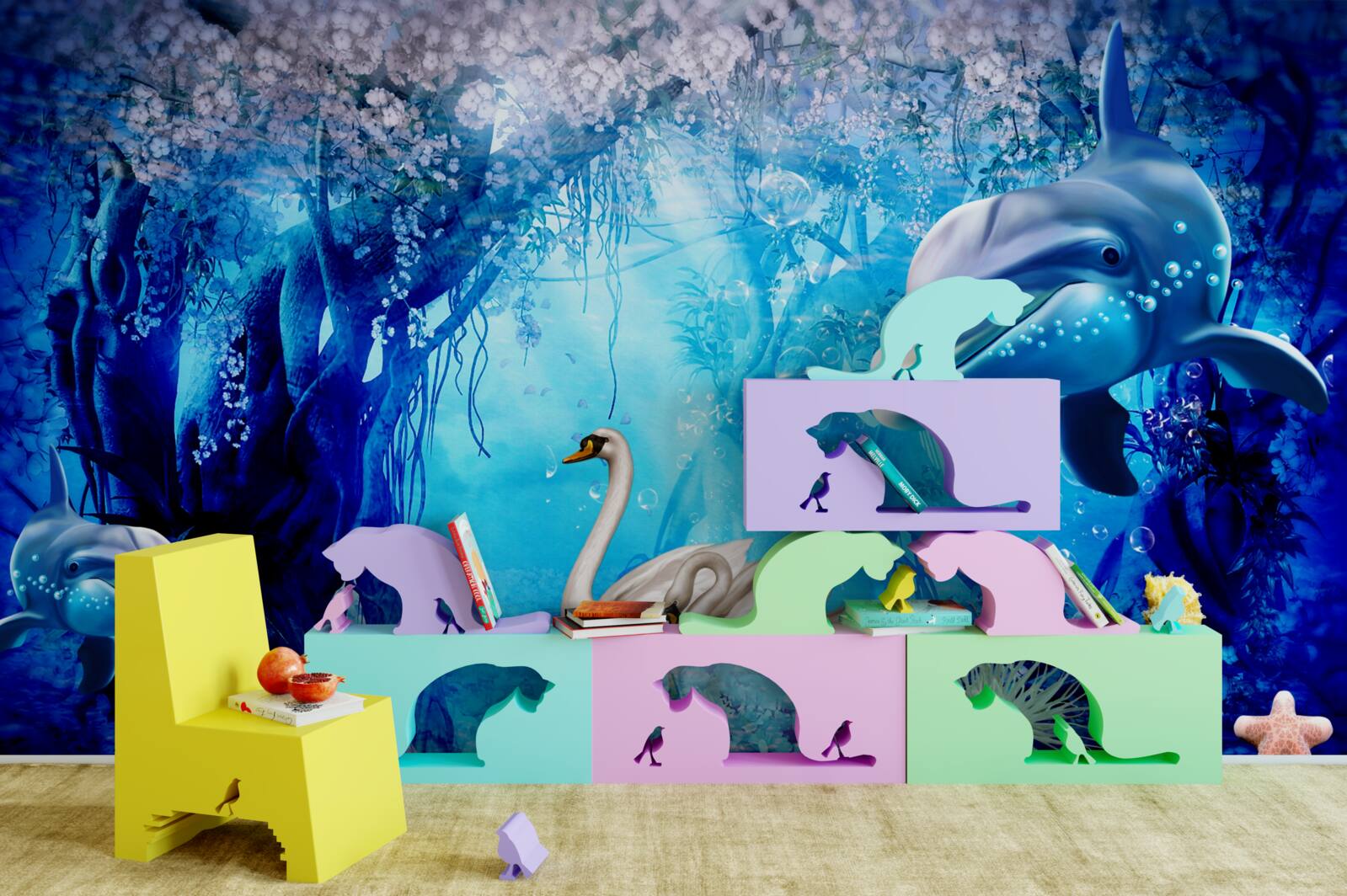 Fototapet Lebede și delfini sub apă