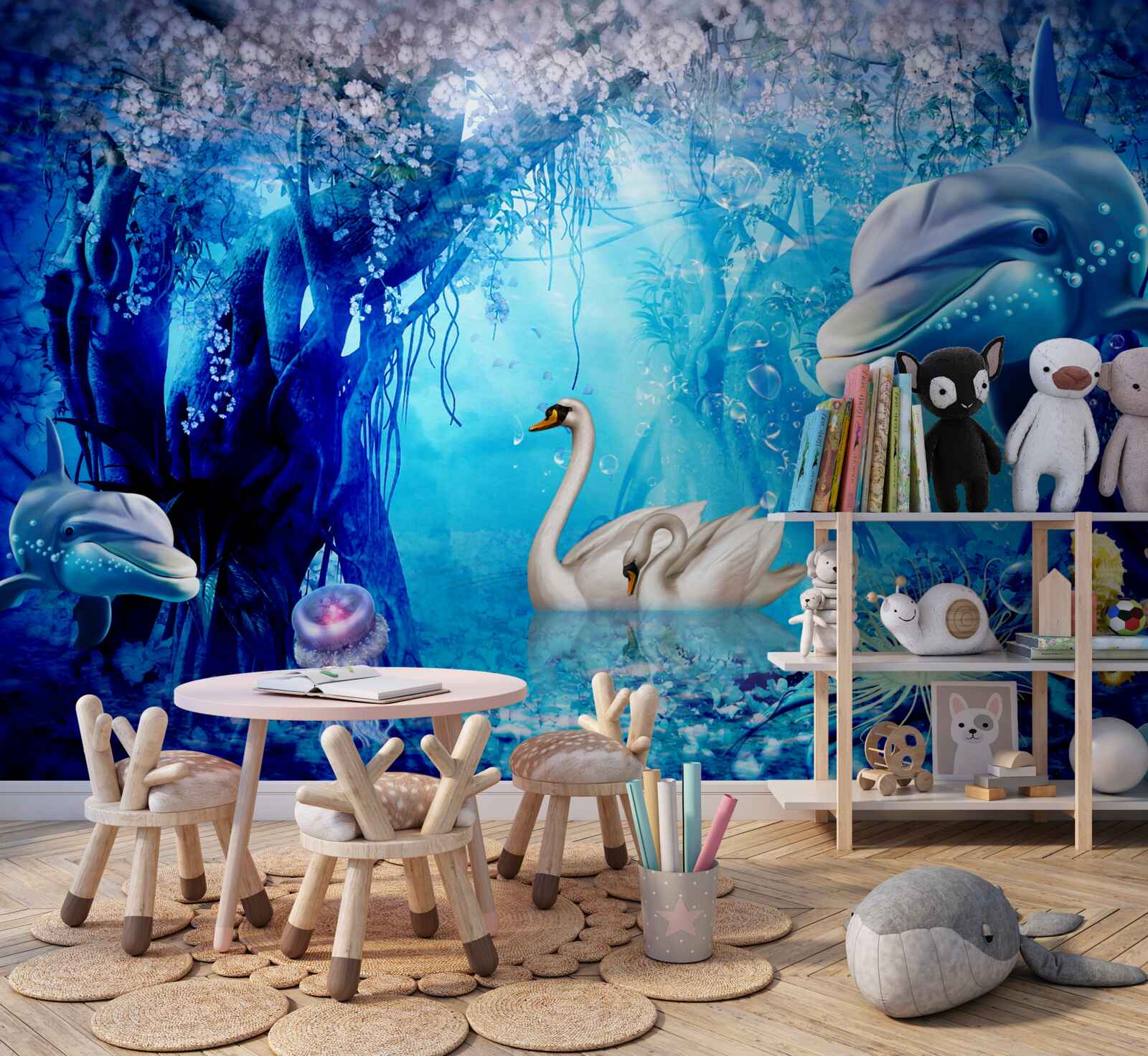 Fototapet Lebede și delfini sub apă