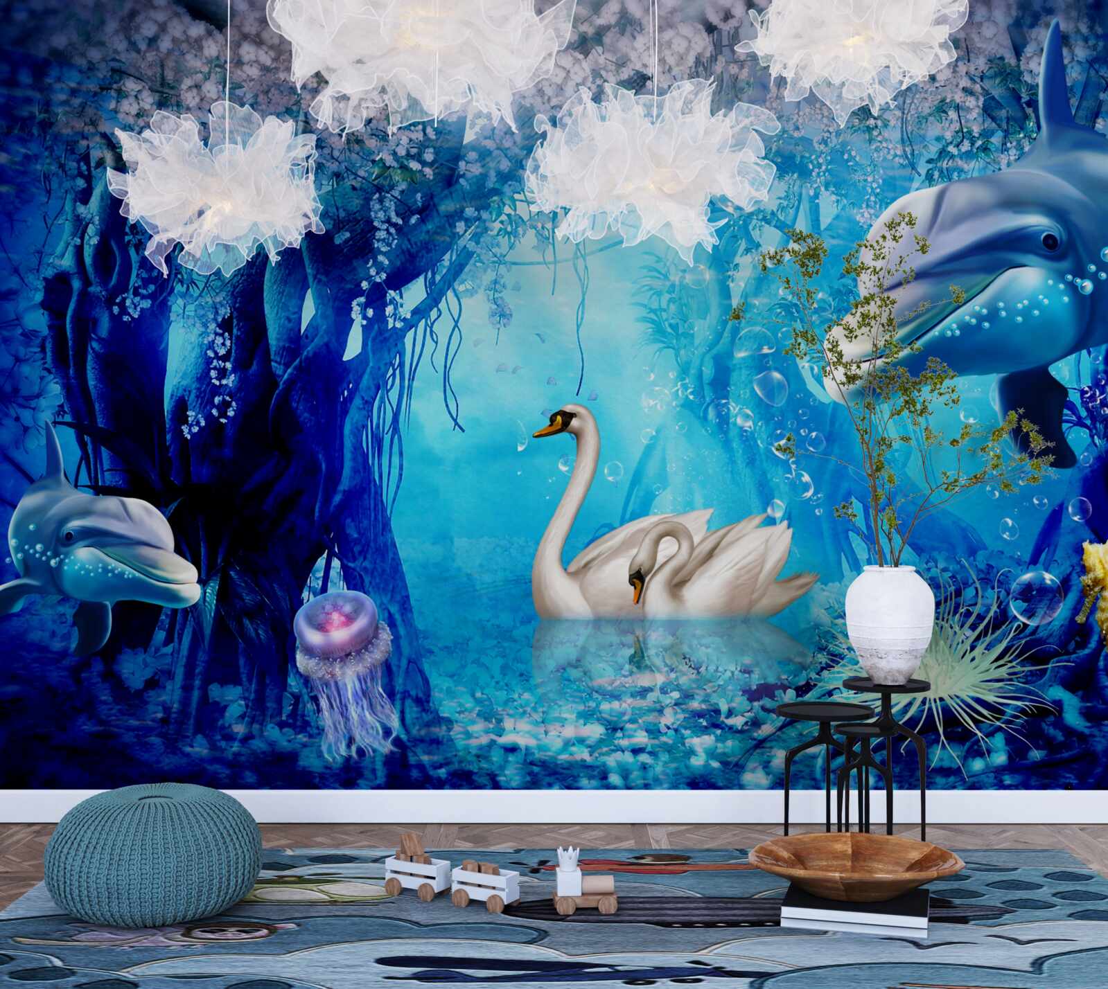 Fototapet Lebede și delfini sub apă