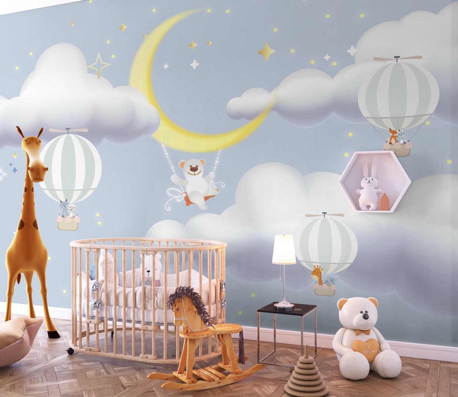 Fototapet ursul este pe lună și animalele sunt în baloane făcute din aer